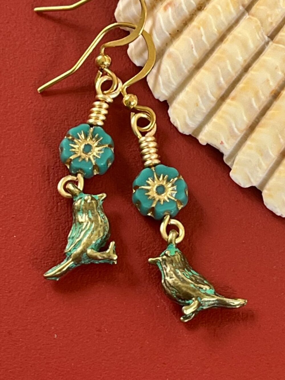 Turquoise Flower Bird Earrings | Boho Dangle Earrings | Whimsical Nature Earring